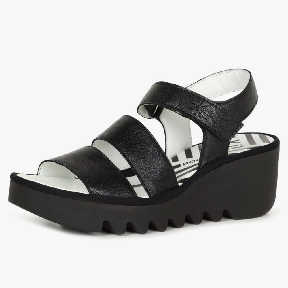 FLY London womens Bexy575fly size 38 US 7.5 black leather wedge platform